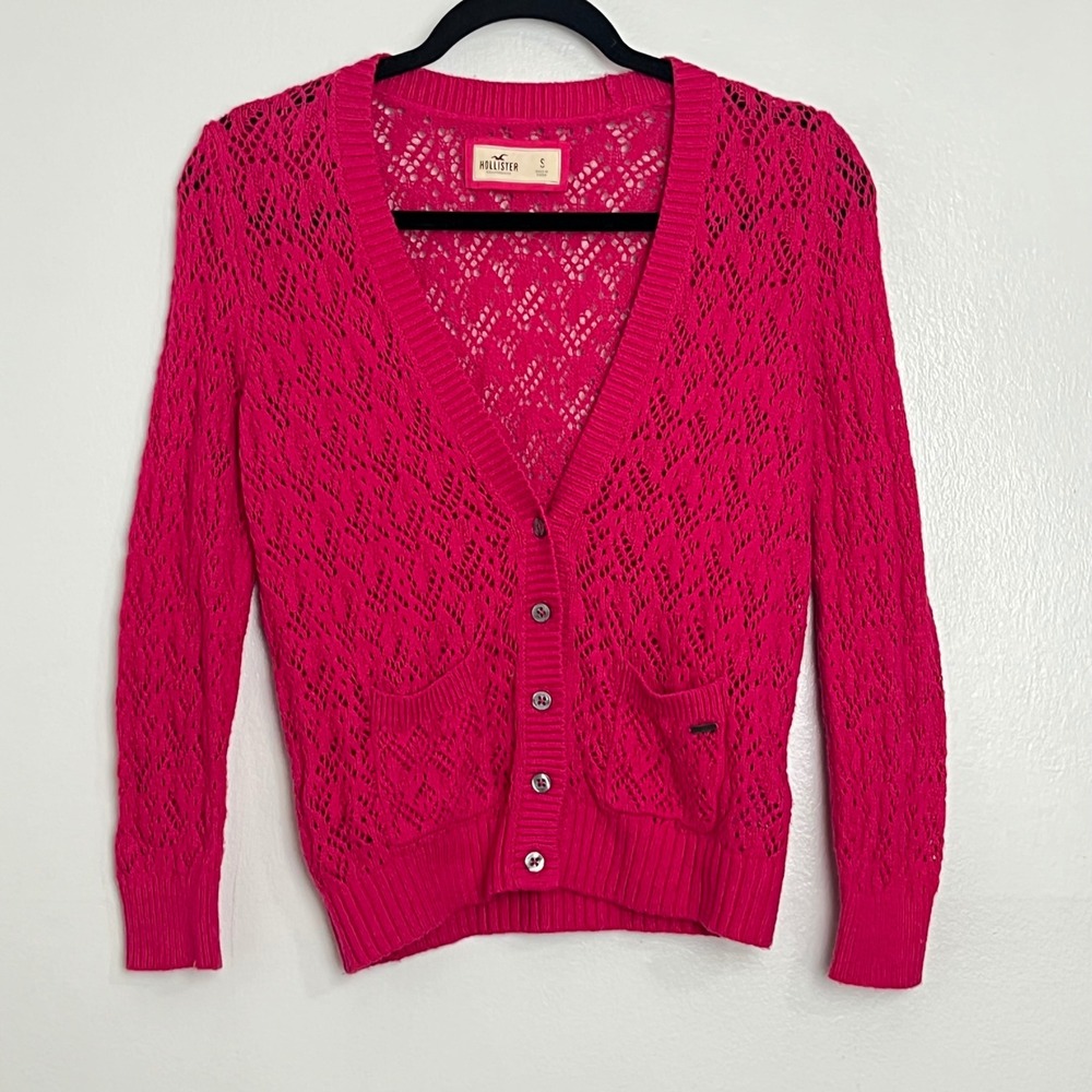 Hollister Y2K Pink Crochet Knit Cardigan Sweater V Neck Button Front‎ Pockets S